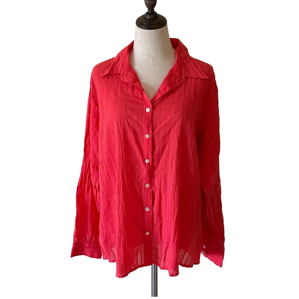 Chico's Size 2 (L) Crinkle Button Front Blouse‎ Coral Long Sleeve Lightweight